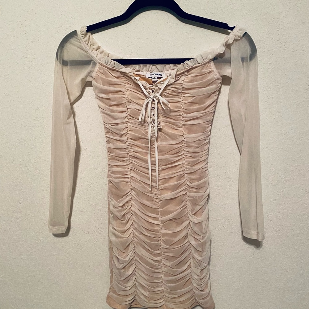 Fashion Nova Rouced Dress in Sz. S.  Front Tie-up w/Ruffles. Cream. Bodycon